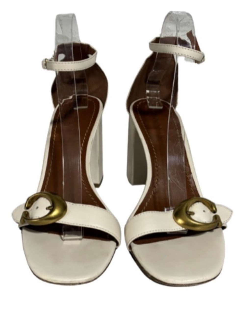 Coach Maya Leather Block Heel Sandal -
Champagne Beige Brass Gold Buckle Size 10 - Picture 11 of 13